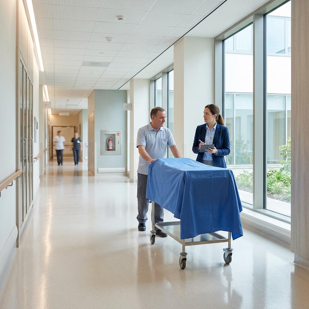 A hospital operations specialist observing supply trolley movement through a clinical corridor