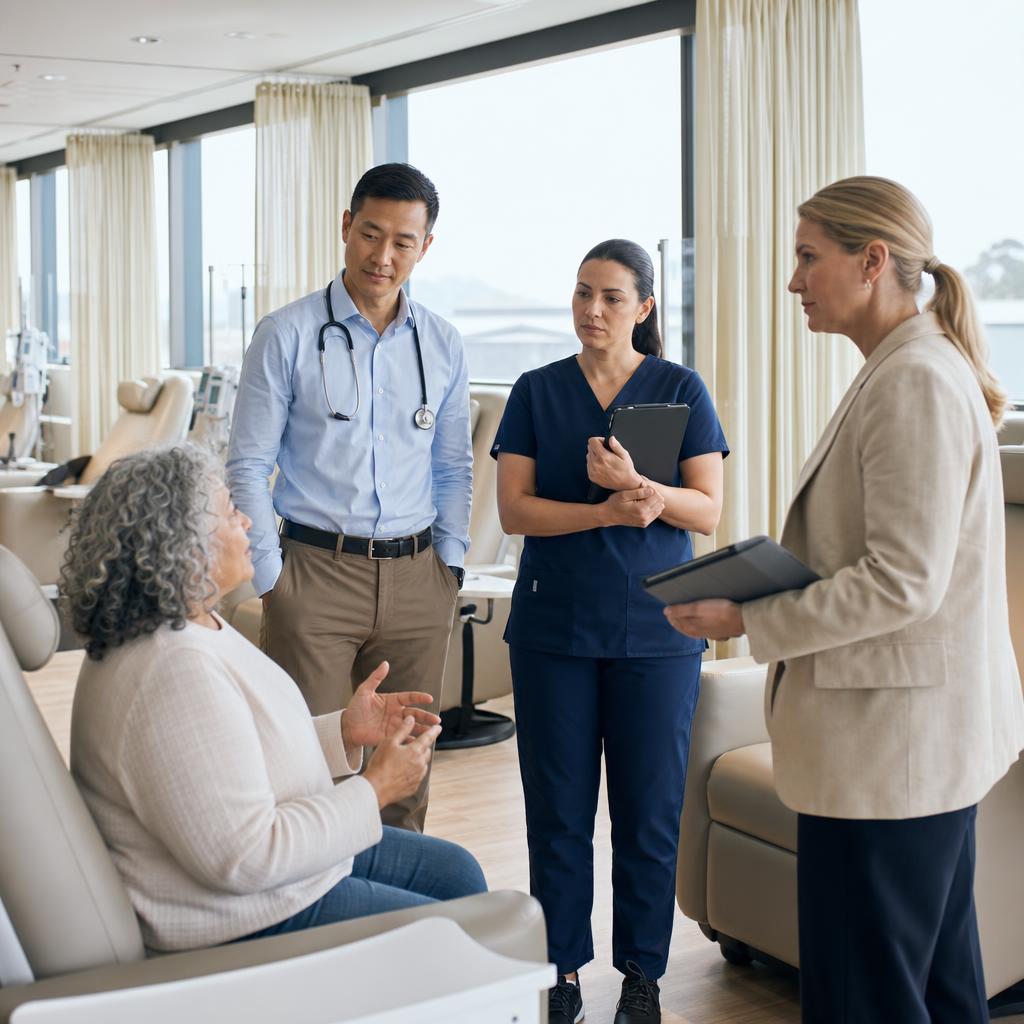 Clinicians and a patient representative reviewing care delivery in a modern hospital treatment department