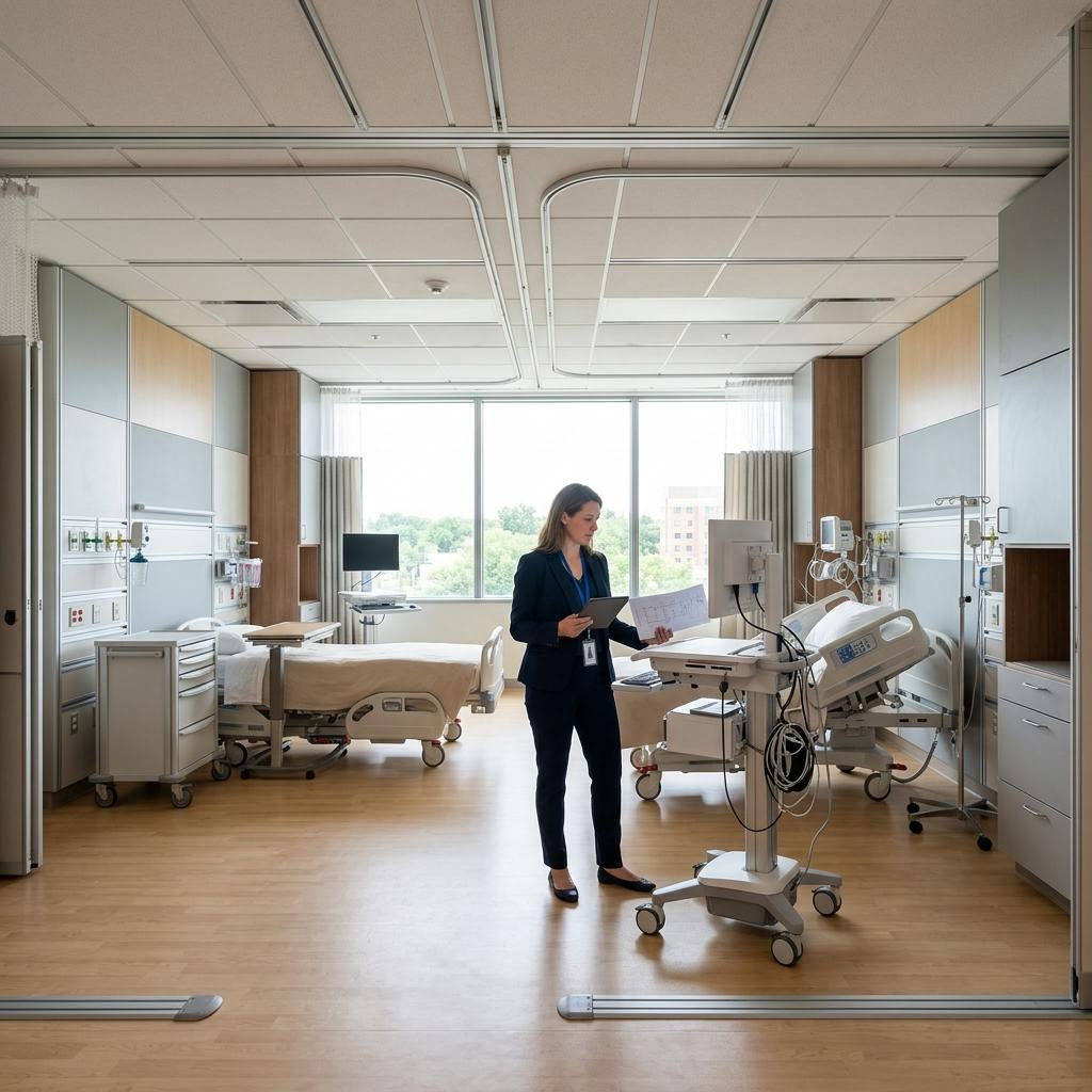 A healthcare planner inspecting an adaptable treatment suite with modular equipment