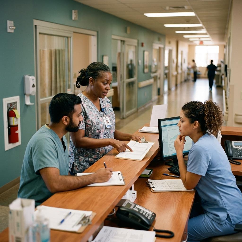 A nursing coordinator and clinical team planning ward assignments at a hospital workstation