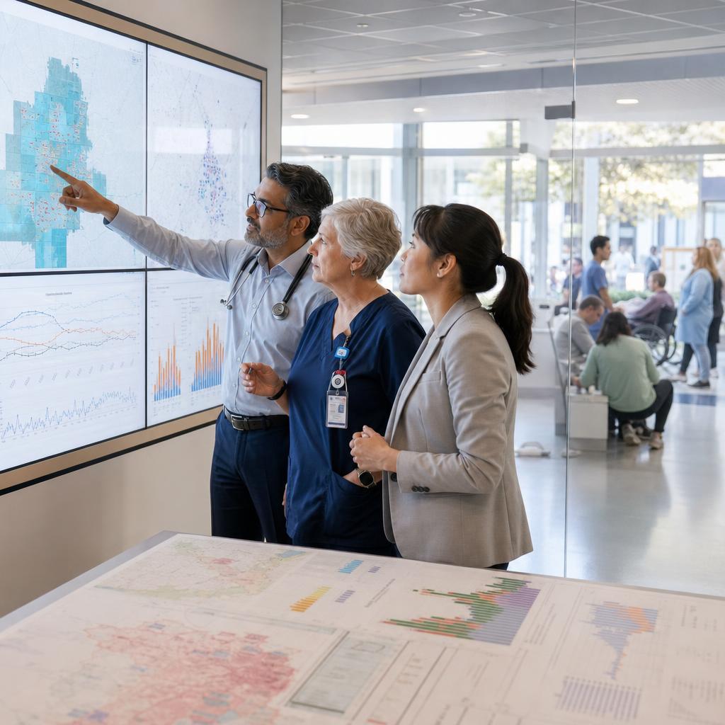 Clinicians reviewing service demand and catchment maps in a hospital clinical planning hub